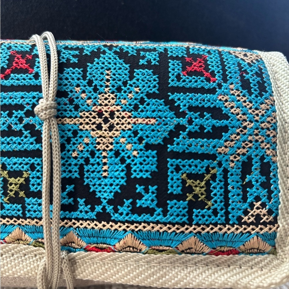 Embroidered Multipurpose Clutch Bag - Blue and Tan - Picture 3 of 15